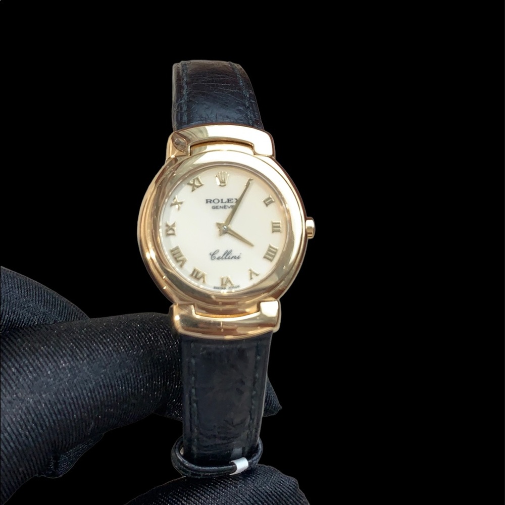 ROLEX CELLINI 18K YELLOW GOLD BLACK LEATHER BAND & 18K YG BUCKLE WHITE DIAL
